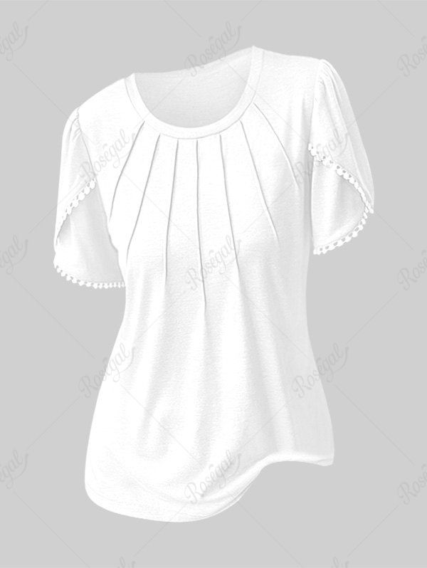 Plus Size Pintuck Detail Lace Trim Tulip Sleeve T-shirt Blanc 3XL