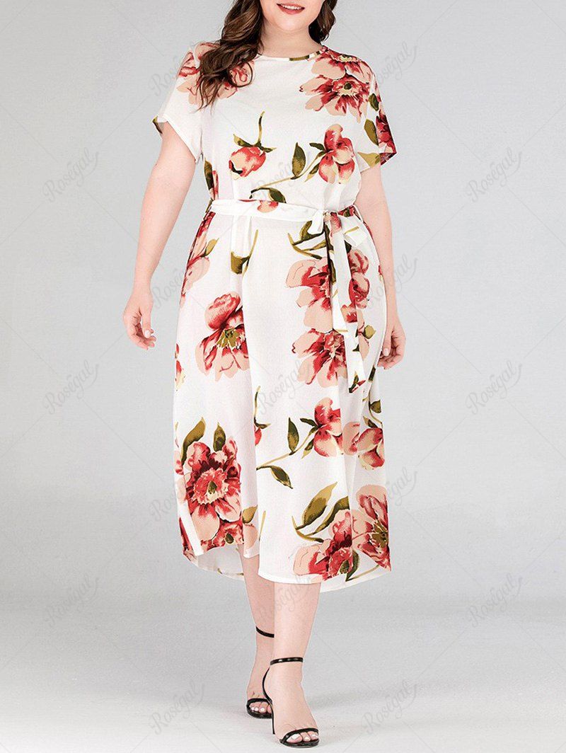 Online Plus Size Bloom Floral Belted Midi Dress  