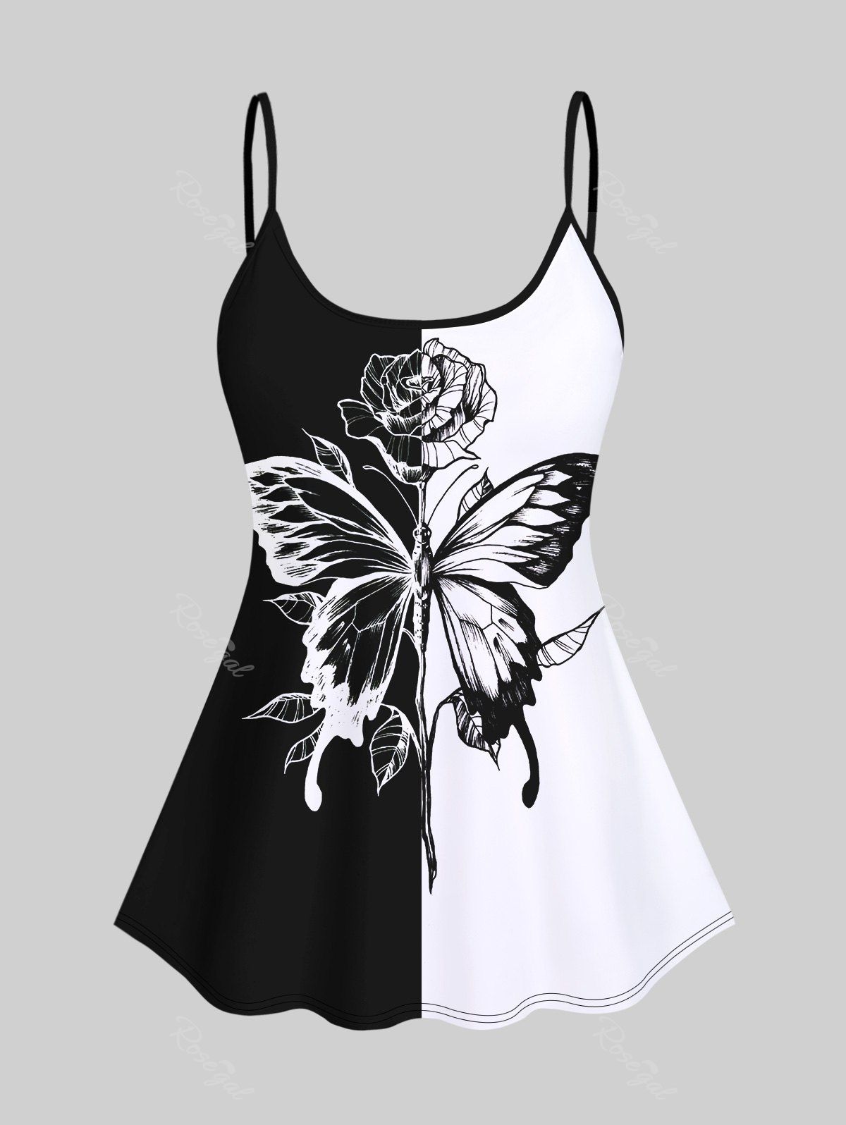 Fashion 3D Flower Leaves Butterfly Colorblock Print Backless Spaghetti Strap Tankini Top  