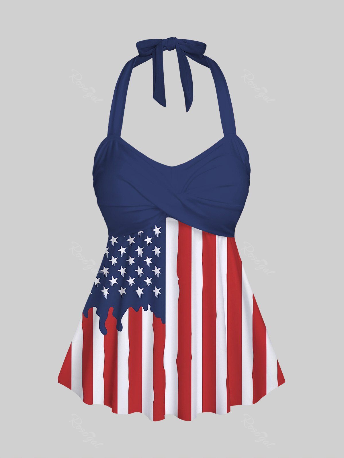 Fancy American Flag Print Backless Twisted Halter Tankini Top  