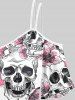 Gothic 3D Skull Flower Printed Cold Shoulder T-Shirt and Rose Print Leggings Outfit -  