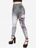 Gothic 3D Skull Flower Printed Cold Shoulder T-Shirt and Rose Print Leggings Outfit -  