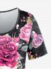 T-shirt Gothique 3D Feuille et Fleur Imprimées à Manches Courtes - Noir 1X | US 14-16
