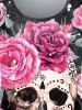 Gothic 3D Flower Leaves Skull Print Short Sleeve T-Shirt -  