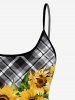 3D Sunflowers Leaves Black White Plaid Print Backless Spaghetti Strap Tankini Top -  