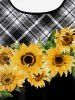 3D Sunflowers Leaves Black White Plaid Print Backless Spaghetti Strap Tankini Top -  