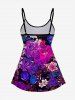 Haut de Tankini Gothique à Bretelle Fine Ajustable Crâne Fleur Imprimées sans Dos de Grande Taille - Pourpre  L