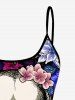 Haut de Tankini Gothique à Bretelle Fine Ajustable Crâne Fleur Imprimées sans Dos de Grande Taille - Pourpre  2X