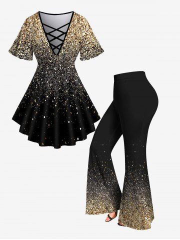 3D Sparkling Sequin Printed Crisscross V Neck T-Shirt and Flare Pants Plus Size 70s 80s Outfit - BLACK