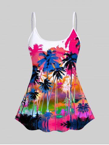 3D Colorful Coconut Tree Printed Spaghetti Strap Backless Tankini Top (Adjustable Shoulder Strap) - LIGHT PINK - S