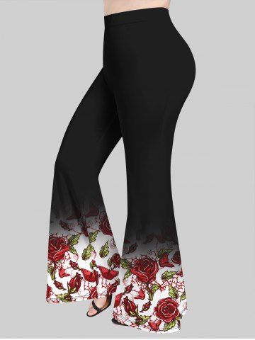Plus Size 3D Flower Leaves Print Flare Pants - BLACK - S | US 8