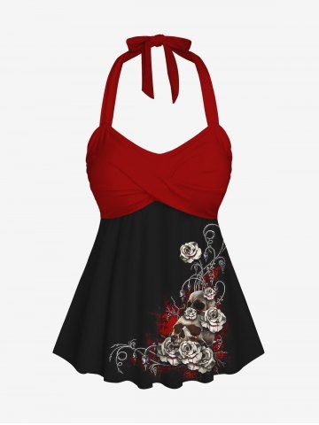 Gothic 3D Skull Floral Printed Twisted Halter Tankini Top - RED - XS