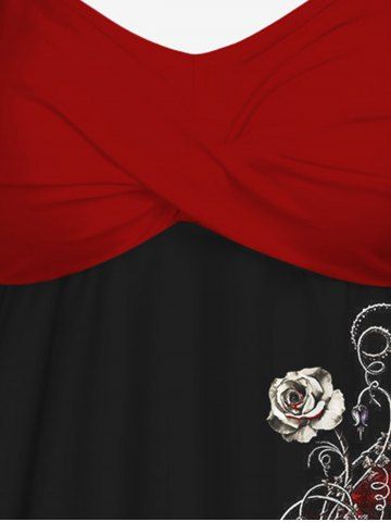 Gothic 3D Skull Floral Printed Twisted Halter Tankini Top