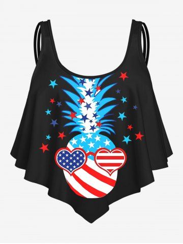 Tankini Imprimé Drapeau Américain à Bretelles Spaghetti à Coeur et Ananas Grande Taille - BLACK - 5X
