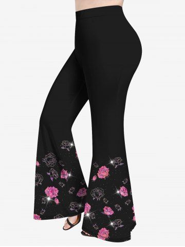 Plus Size 3D Flower Light Beam Print Flare Pants - BLACK - 5X | US 30-32