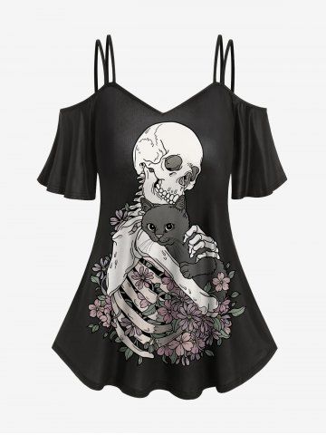 Gothic 3D Skull Flower Cat Printed Cold Shoulder T-Shirt - BLACK - M | US 10