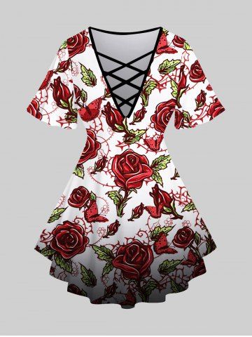 Plus Size 3D Flower Leaves Butterfly Print Crisscross V Neck Short Sleeve T-Shirt - DEEP RED - 1X | US 14-16