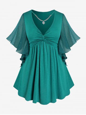 Plus Size Twist Mesh Butterfly Sleeves Chain Plunging T-shirt - GREEN - L | US 12