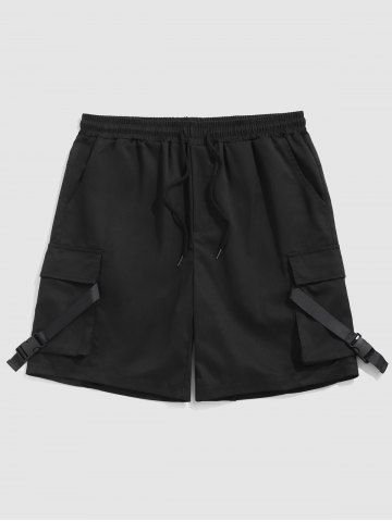Buckle Strap Multi-pocket Design Cargo Shorts - BLACK - S