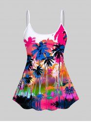 Tankini Imprimé Cocotier Coloré 3D à Bretelles Spaghetti à Dos Nu (Haut) - Rose clair S