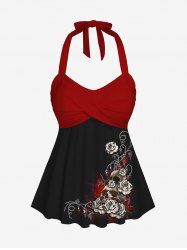 Gothic 3D Skull Floral Printed Twisted Halter Tankini Top -  
