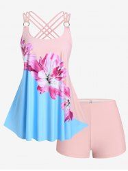 Colorblock 3D Flower Printed Crisscross Strappy Back Rings Boyshorts Tankini Swimsuit -  