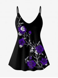 Plus Size 3D Skull Flower Leaves Print Spaghetti Strap Top (Adjustable Shoulder Strap) -  