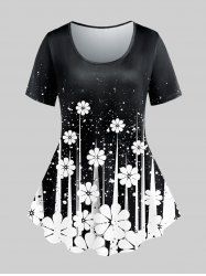 T-shirt Imprimé Pois Floral 3D à Manches Courtes Grande Taille - Noir 1X | US 14-16