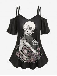Gothic 3D Skull Flower Cat Printed Cold Shoulder T-Shirt -  