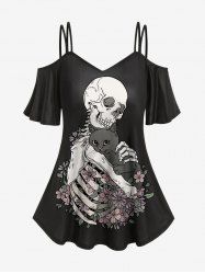 Gothic 3D Skull Flower Cat Printed Cold Shoulder T-Shirt - 1x | Us 14-16  