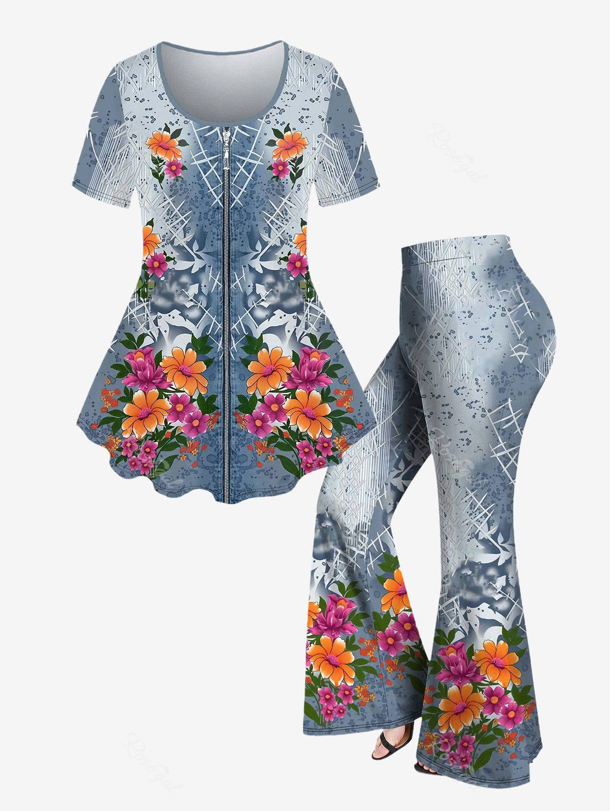 New Plus Size 3D Flower Leaves Zipper Denim Printed Short Sleeve T-Shirt and  Pants Outfit  