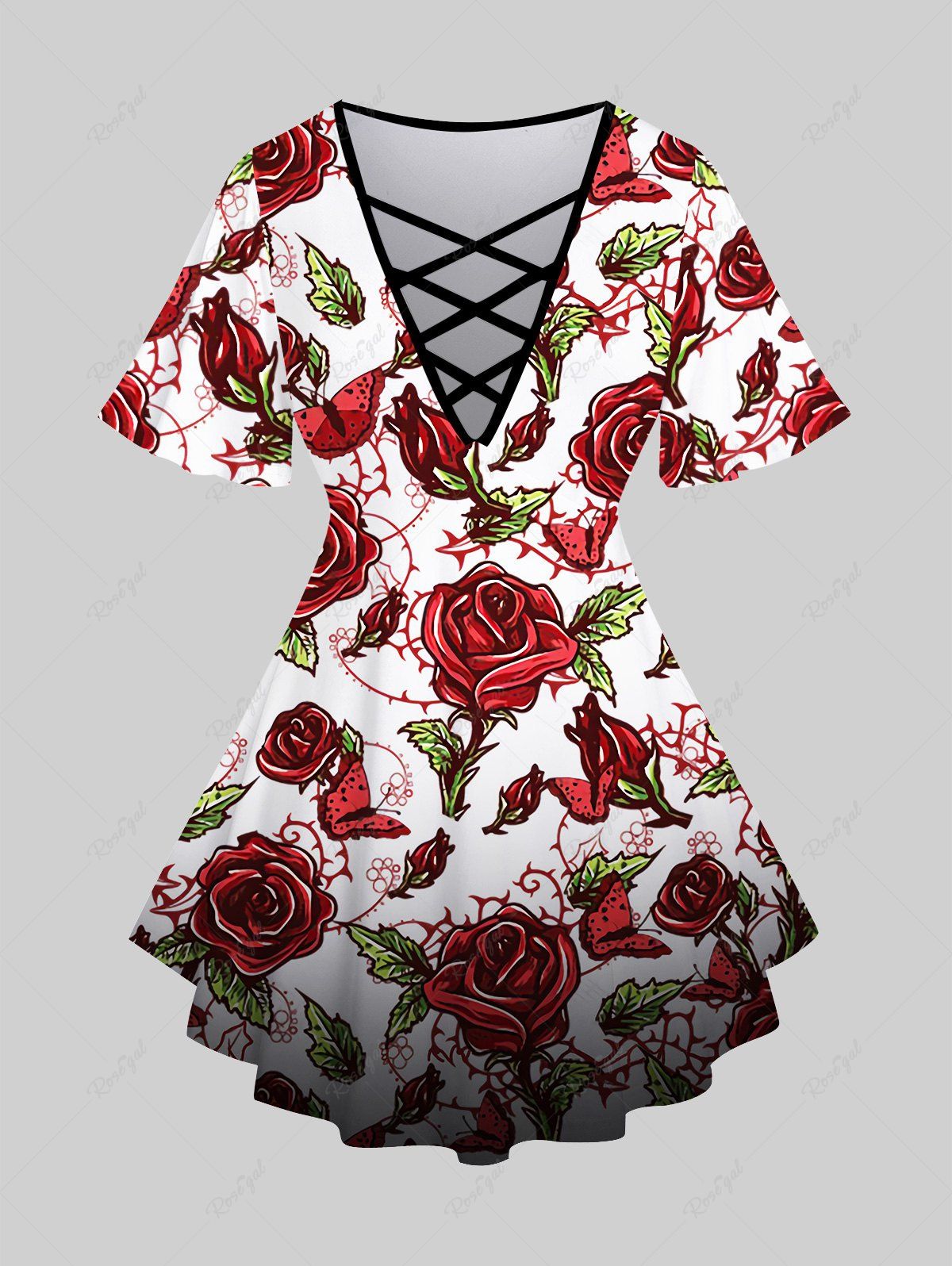 Chic Plus Size 3D Flower Leaves Butterfly Print Crisscross V Neck Short Sleeve T-Shirt  
