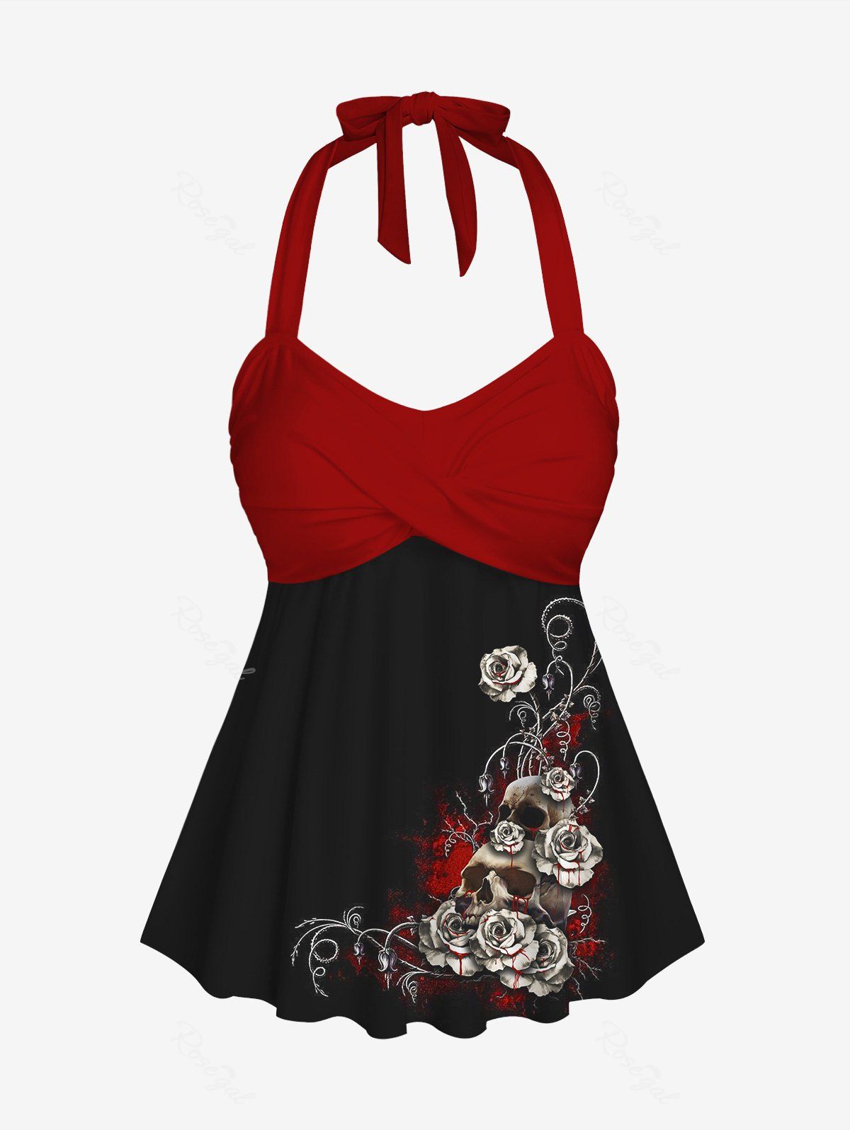 Outfits Gothic 3D Skull Floral Printed Twisted Halter Tankini Top  