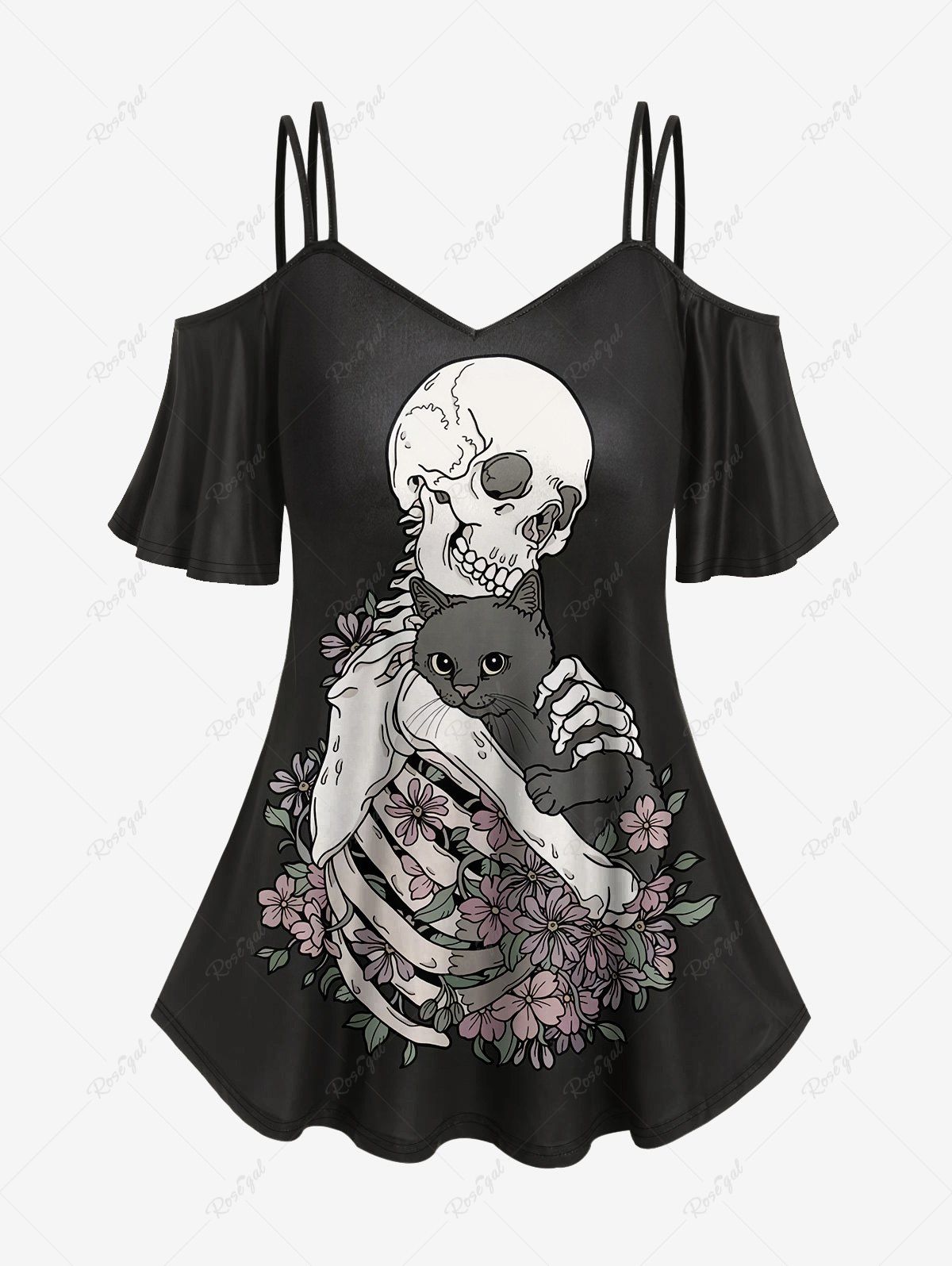Hot Gothic 3D Skull Flower Cat Printed Cold Shoulder T-Shirt  