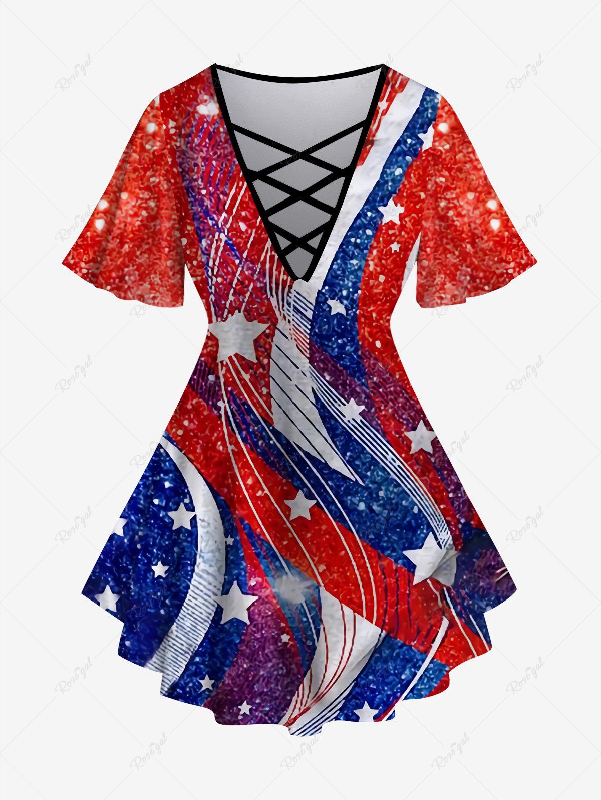 Fashion Plus Size 3D Red White Blue American Flag Print Crisscross Short Sleeve T-Shirt  