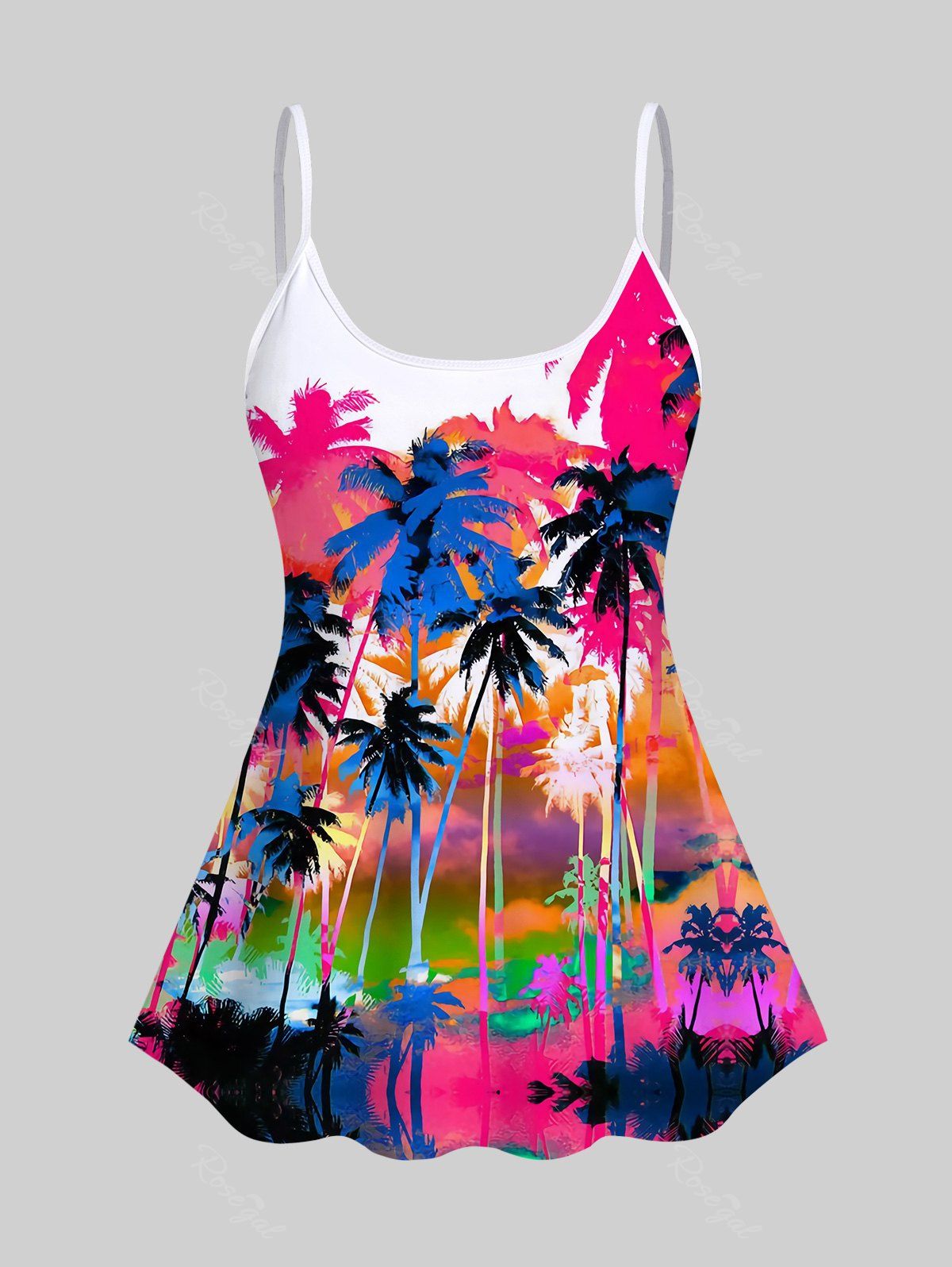Store 3D Colorful Coconut Tree Printed Spaghetti Strap Backless Tankini Top (Adjustable Shoulder Strap)  