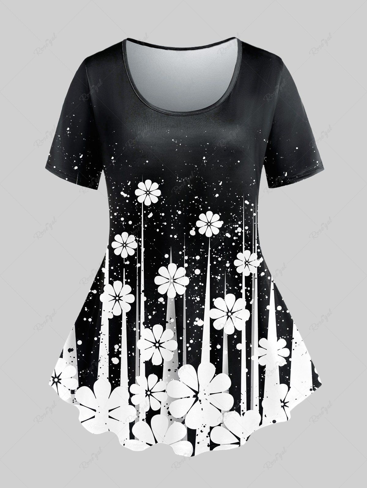 T-shirt Imprimé Pois Floral 3D à Manches Courtes Grande Taille Noir 1X | US 14-16