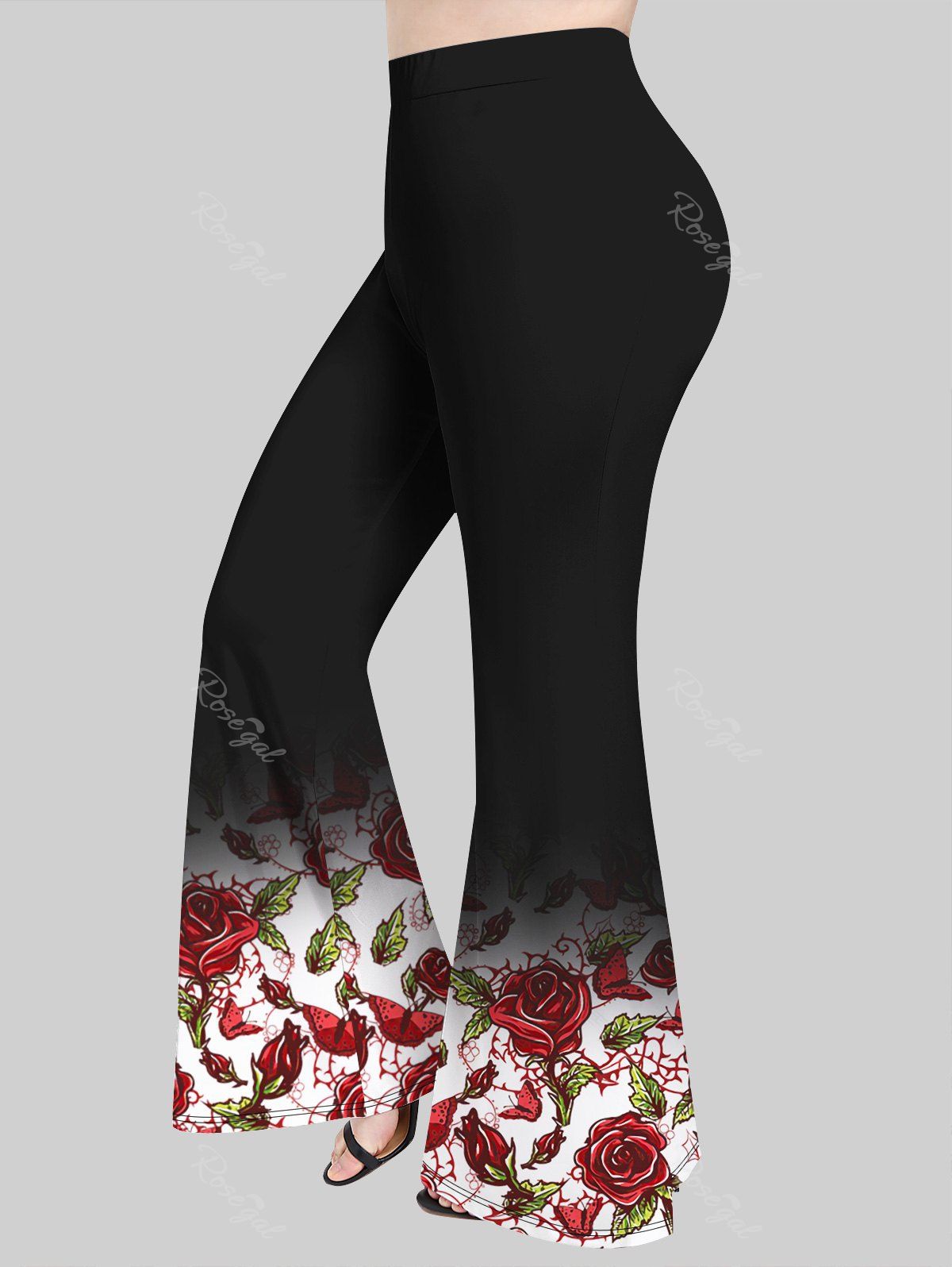 Pantalon Evasé 3D Fleur Feuille Imprimée de Grande Taille Noir 5x | US 30-32