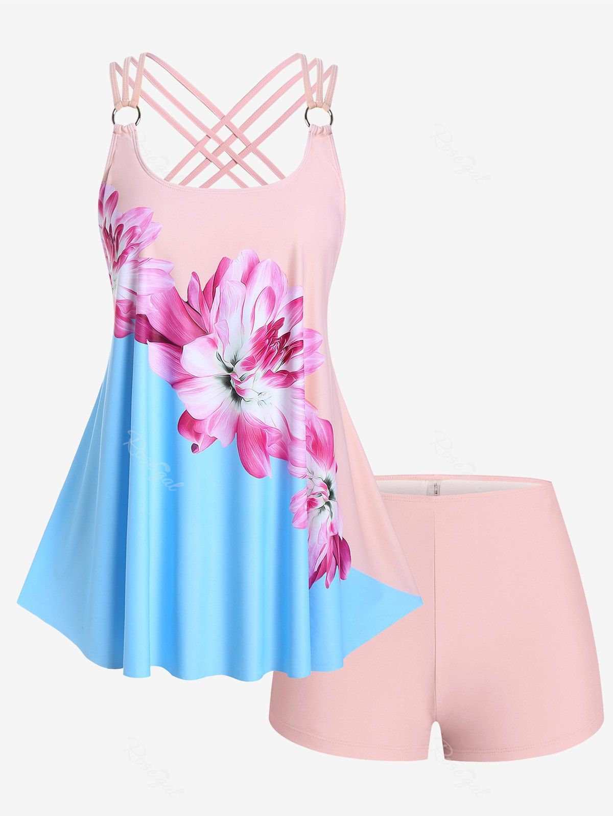 Affordable Colorblock 3D Flower Printed Crisscross Strappy Back Rings Boyshorts Tankini Swimsuit  