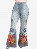 Plus Size 3D Flower Leaves Zipper Denim Printed Short Sleeve T-Shirt and  Pants Outfit -  