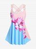 Colorblock 3D Flower Printed Crisscross Strappy Back Rings Boyshorts Tankini Swimsuit -  