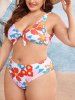 Plus Size Flower Printed Bowknot Padded Bikini Swimsuit -  