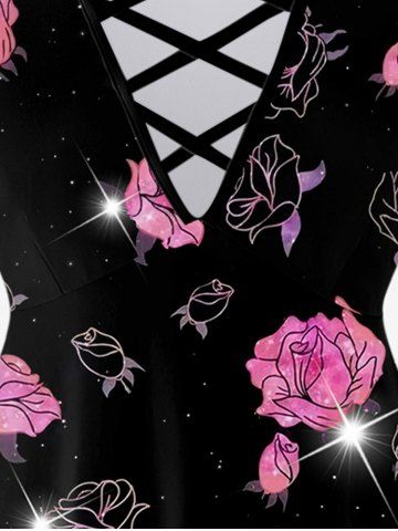 Plus Size 3D Flower Light Beam Printed Crisscross V Neck Short Sleeve T-Shirt and Pants Outfit