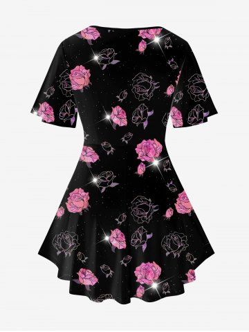 Plus Size 3D Flower Light Beam Printed Crisscross V Neck Short Sleeve T-Shirt and Pants Outfit