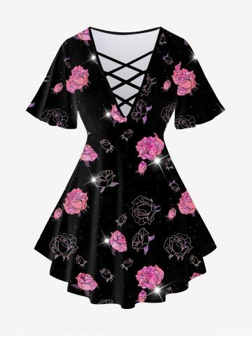 Plus Size 3D Flower Light Beam Printed Crisscross V Neck Short Sleeve T-Shirt and Pants Outfit