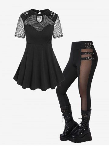 Gothic Fishnet Panel Grommets Buckle PU Leather Strap Top and Mesh Panel Buckle Grommets Skinny Pants Outfit - BLACK