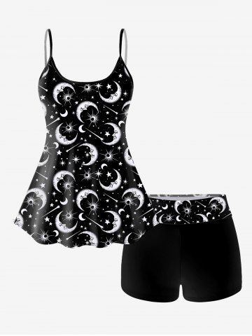 Gothic 3D Moon Star Glitter Print Boyleg Tankini Swimsuit (Adjustable Shoulder Strap) - BLACK - L
