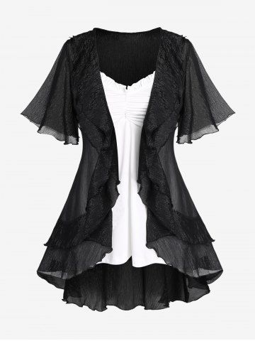 Plus Size Open Front Flounce Top and Ruffles Ruched Tank Top Set