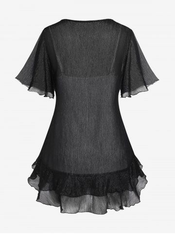 Plus Size Open Front Flounce Top and Ruffles Ruched Tank Top Set