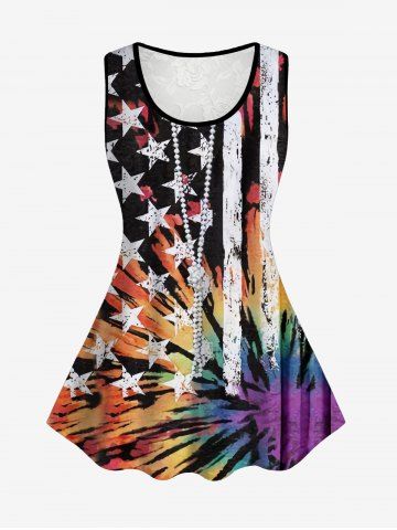 Plus Size 3D Stars Stripes Chains Print Lace Back Sleeveless Top - ORANGE - S | US 8